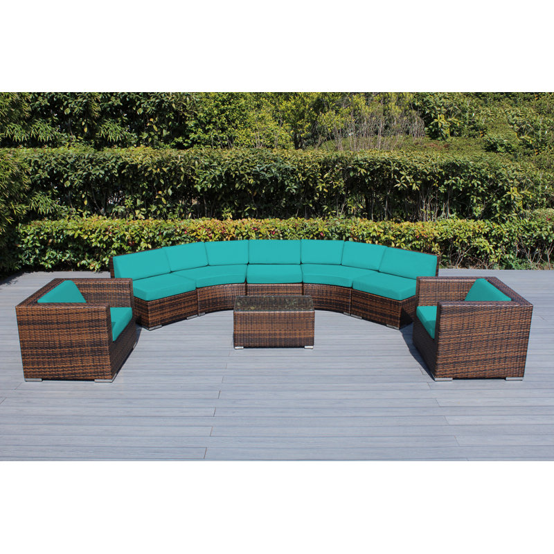 Billyjo Wicker 7 - Person Curved Seating Group with Cushions - No Assembly, Polyester Turquoise, Mixed Brown