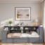 Lit plateforme en bois avec tablettes de rangement, lit gigogne, station de charge, bureau à DEL, bureau et tête de lit tapissier-2065795478