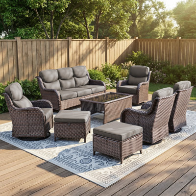 8-Piece Outdoor Wicker Patio Conversation Set With Swivel Chairs And Coffee Table
