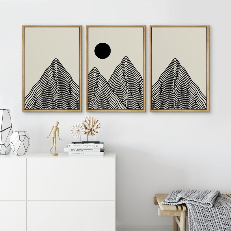 Modern Geometric Landscape Black and Beige Framed Canvas Art Set