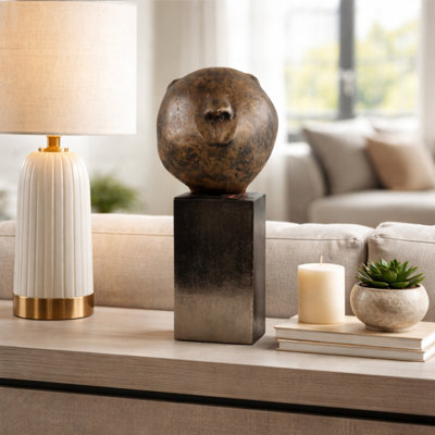 Decorative Smiley Head On Pedestal Sculpture For Home Decor - Contemporary Statue For Living Room Decoration, Entryway, Or Shelf Accent - Bronze