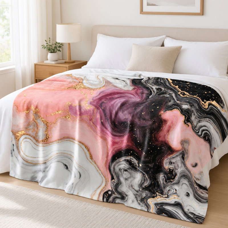 Plaid en flanelle à motif marbré doux et confortable - Rose, noir et or tourbillonnants, ultra doux, léger, respirant, toutes saisons, agréable pour la peau, lavable à la machine, décoratif, pour canapé, fauteuil, salon et chambre