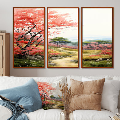 «Blossoming Red Autumn Tree Countryside Road», ensemble de reproductions d'art mural