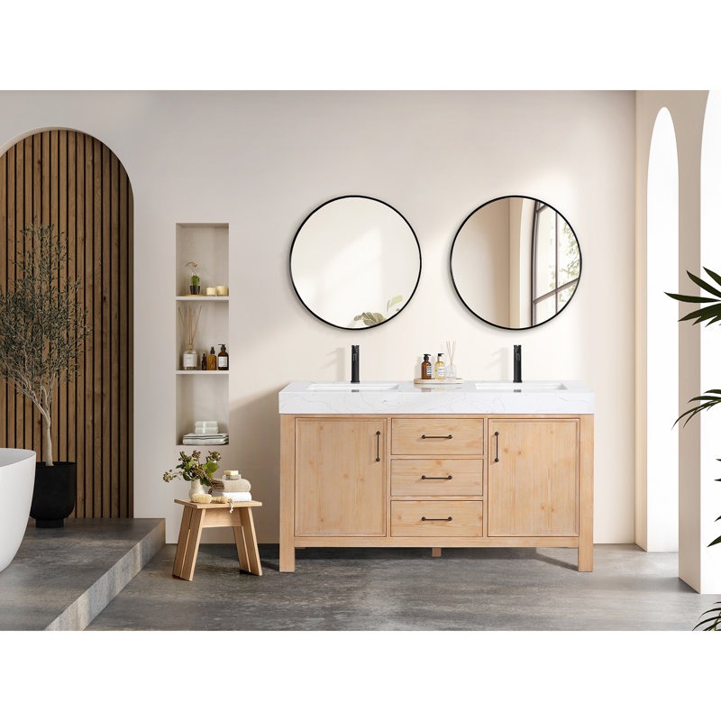  Ensemble de meuble-lavabo double 60 "avec miroir 60", Brun, Blanc, Noir mat