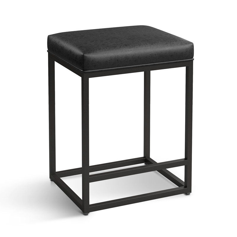 24'' Modern Kitchen Counter Stool with Upholstered Faux Leather & Footrest, 1, Black Seat/Black Frame