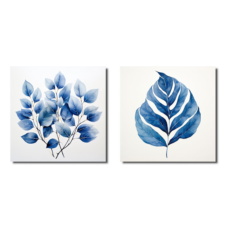 Collage de feuilles blanches et bleues - ensemble de 2 feuilles de collage carré, Toile tendue, H 16 po x l 33 po