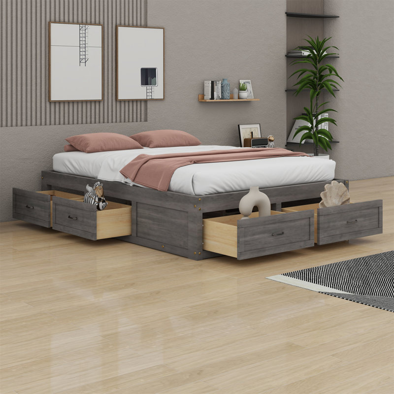 Lit plateforme avec tiroirs de rangement, Gris antique, Double