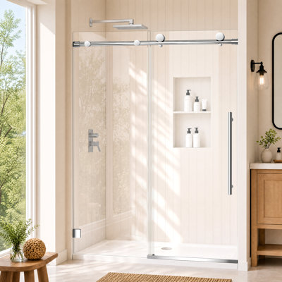 Porte de douche coulissante sans cadre, 117-122 cm (L) x 193 cm (H), verre trempé SGCC 6 mm avec film anti-explosion, accessoires en acier inoxydable chromé