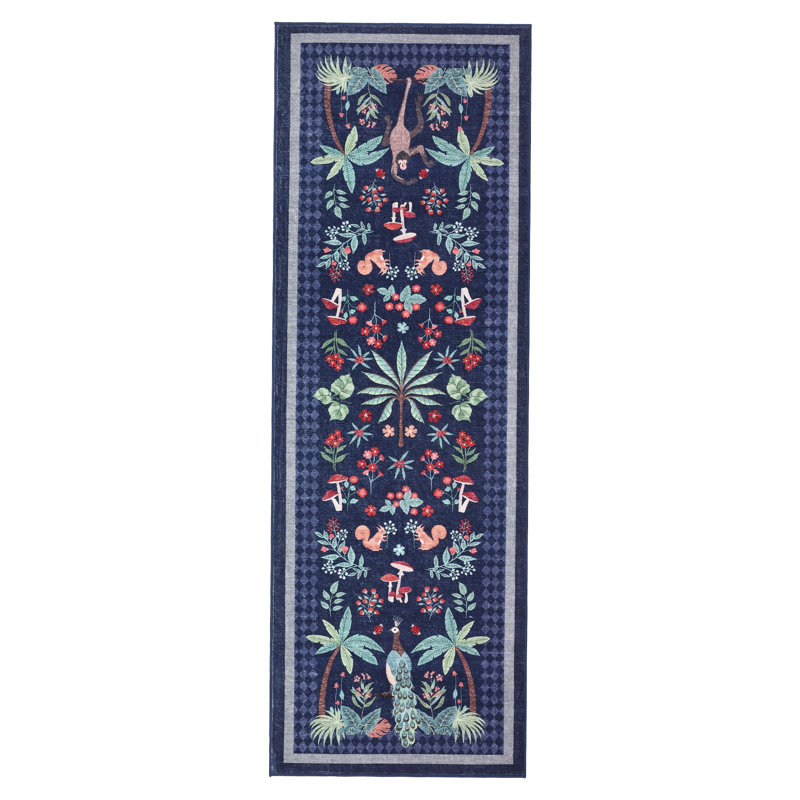Jungle 2x6 Kitchen Runner Rug, Washable Animal Print Soft Non Slip Hallway Runner Tropical Botanical Thin Peacock Monkey Floor Rugs