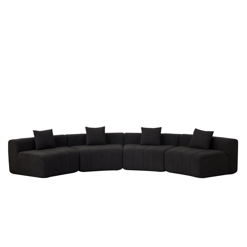 Chenille Curved Sectional Sofa With 4 Pillows, 29" H x 151" W x 33" D, Black Chenille