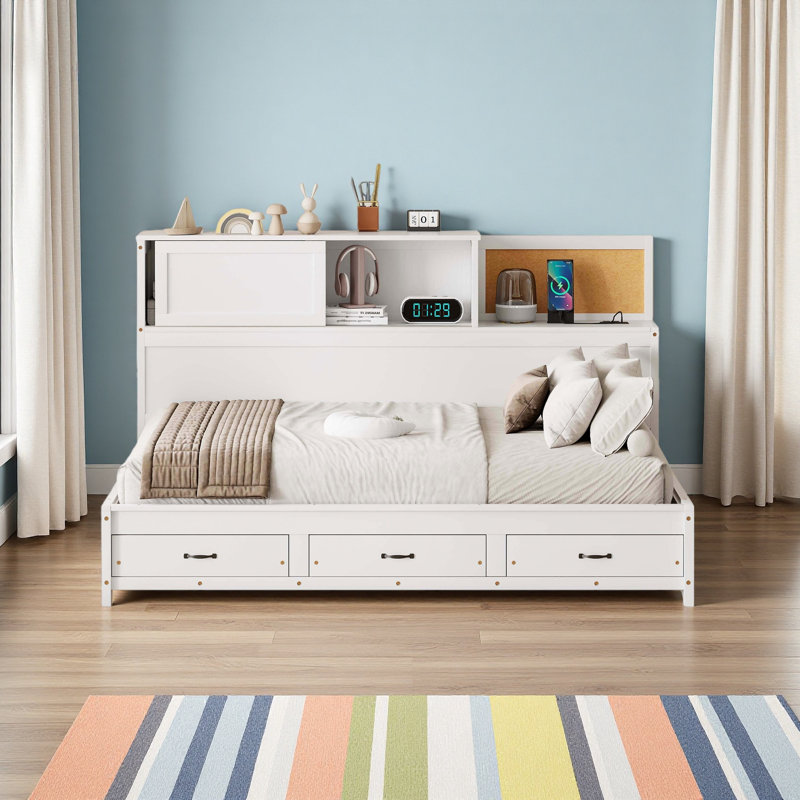 Twin Size Wooden Daybed With 3 Storage Drawers, Upper Soft Board, Shelf, And A Set Of Sockets And USB Ports