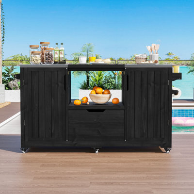 Chariot de cuisine pour l'extérieur avec tablettes réglables, plateau en acier inoxydable et deux armoires de rangement