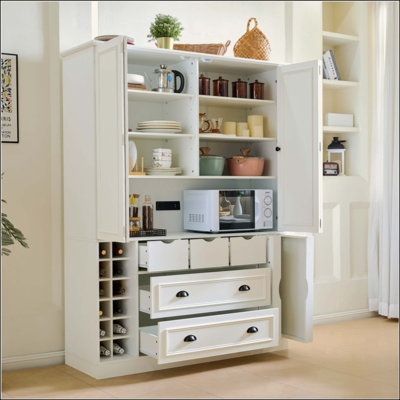 Farmhouse 71''H Large Kitchen Pantry,53.2''Lx17.7''W Deepen Dining Storage Cabinet Cupboard with 4 Foldable Doors,Power Outlet, Shelves, Wine Racks an