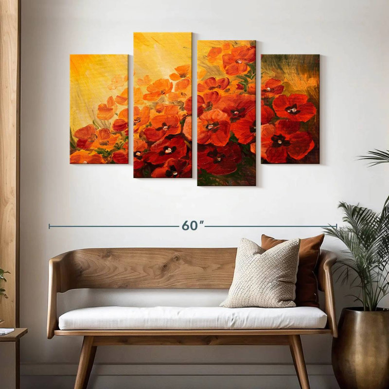 Harnek - coquelicots rouges sur fond jaune, H 32 po x l 52 po