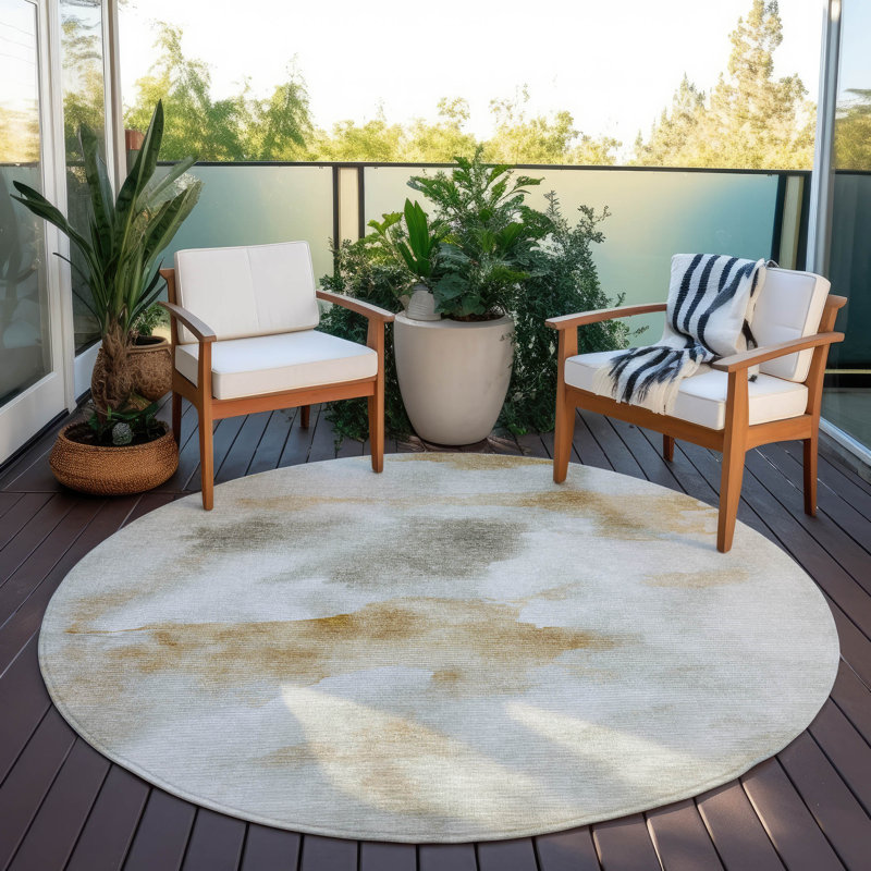 Machine Washable Indoor/Outdoor Xhevrie Putty Rug, Round 8'