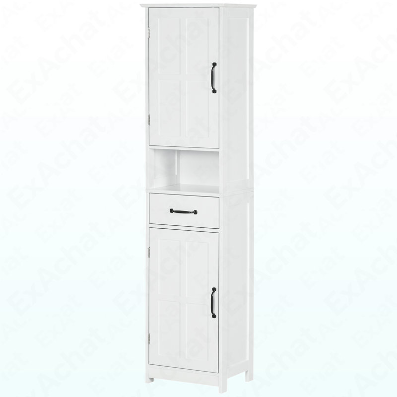 Slim Bathroom Storage Cabinet, Tall Bathroom Cabinet, Linen Tower With Open Shelf, Drawer, Recessed Doors, And Adjustable Shelves, White
