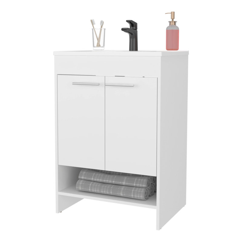 Meuble-lavabo blanc à 2 portes avec système de rangement ouvert - panneau de particules 34,6h x 23,2w 17,7d, Blanc