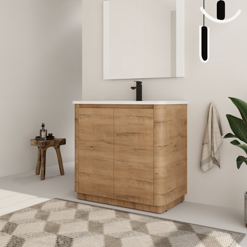 Addisin 36'' Free-standing Single Bathroom Vanity Set with Ceramic Vanity Top, 36", Imitative Oak
