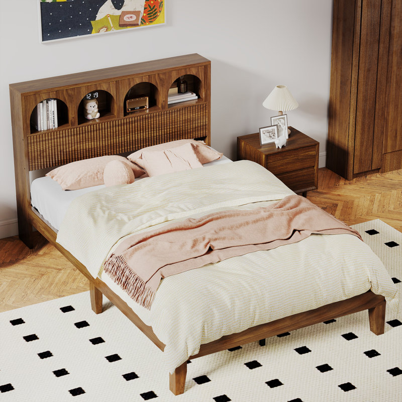 Structure de grand lit avec tête de lit, aucun sommier requis, Noyer, Full