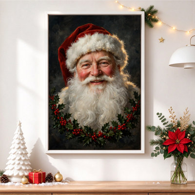 Père Noël avec houx et bonnet rouge, tableau sur toile encadré, cadre blanc, 40 x 60 cm