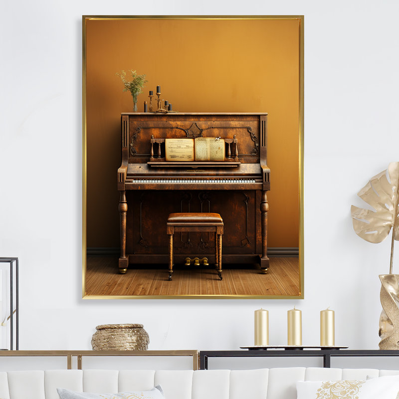 Vintage Piano Rustic Melody III - impressions sur toile de piano, Cadre flottant doré, H 32 po x l 24 po