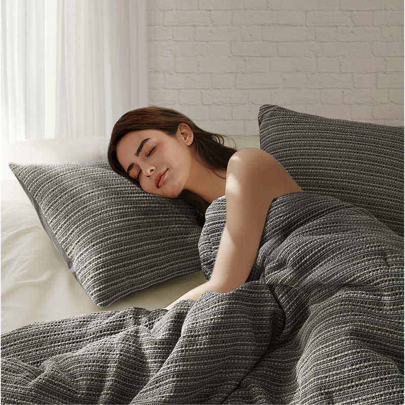 Couette gaufrée lavée pour lit double/queen - 3 pièces, texture spéciale, côtés 100 % coton, style vintage, tissu et garnissage adaptés à toutes les saisons, entretien facile et sécuritaire, couleur anthracite, 3 pièces, tissage différent, couverture surdimensionnée.