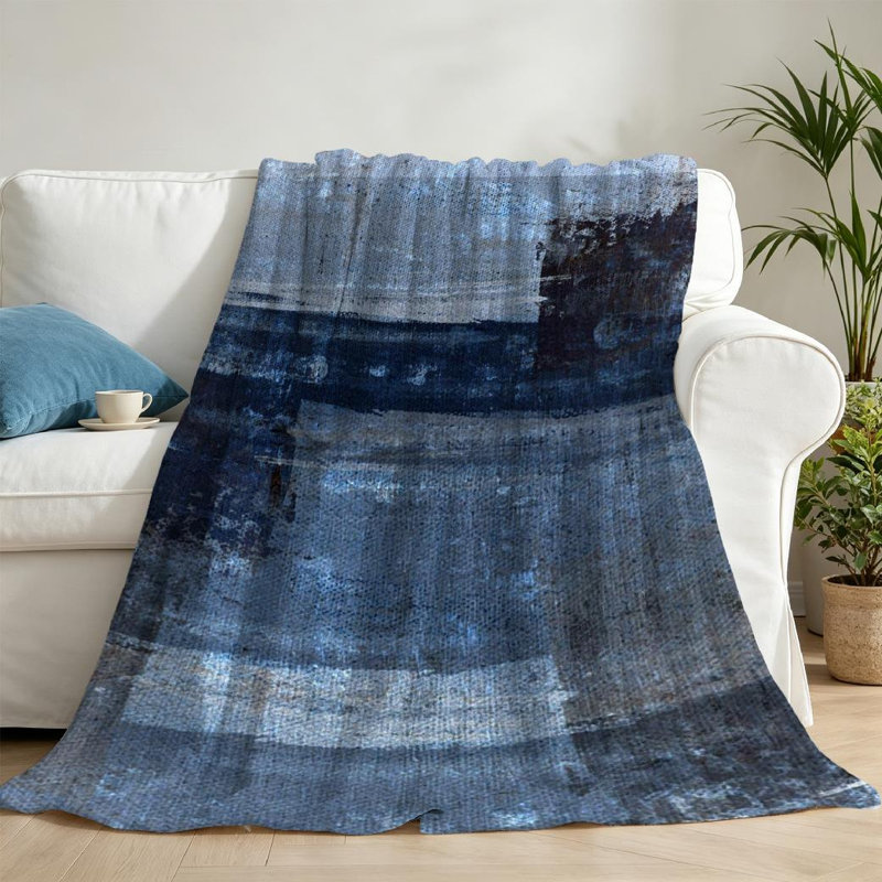 Jeté en flanelle bleue ultra douce, impression recto grise et abstraite, Throw 50" x 60"