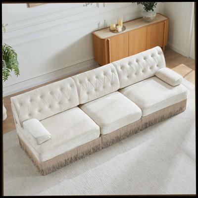 3-Seater Pet-Friendly,Velvet Fabric,Floor-Grazing Tassel Fringe Skirt,Button Tufted Design,Premium Wooden Base,Ergonomic Design,Free Combination,For L