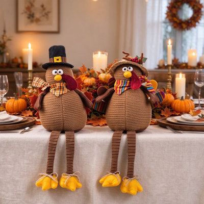 Bibana Stuffed Thanksgiving Turkey Couple Sitter Doll Set, Fall Harvest Home Tabletop Decor