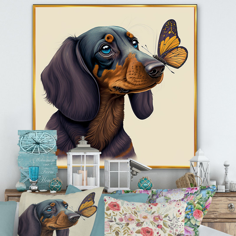 Caricature de bachshund avec papillon - reproduction sur toile, H 16 po x l 16 po x P 1 po, Toile avec cadre flottant or