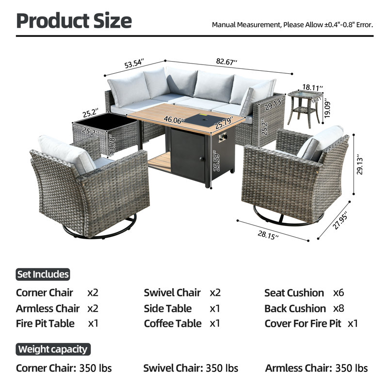 Ensemble modulaire de conversation pour patio 8 pièces avec coussins et table de foyer 8 pièces, Blanc