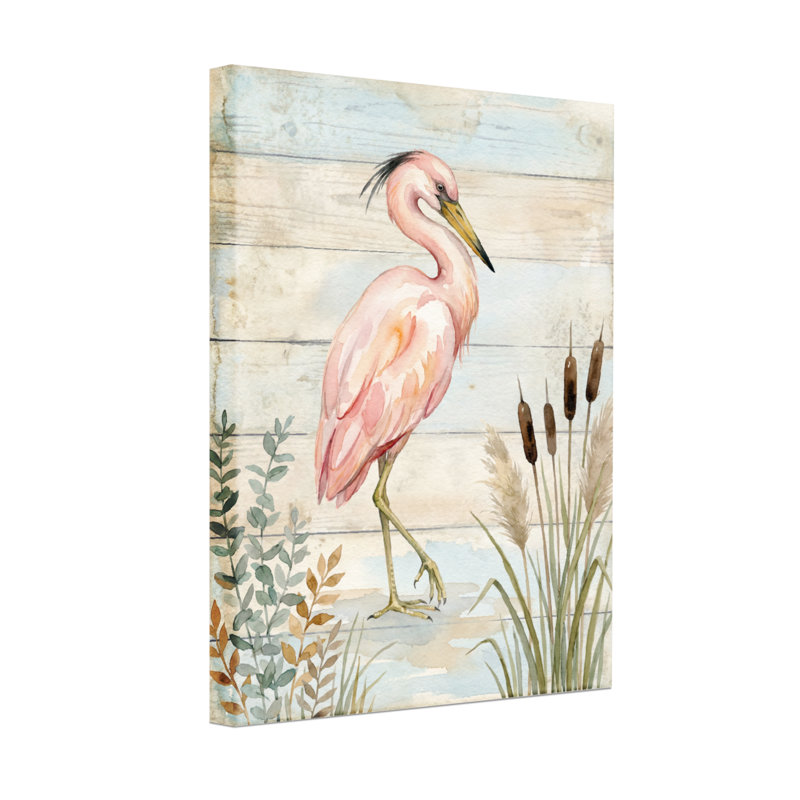 Animaux héron rose debout sur l'eau avec des roseaux, H 36 po x l 24 po