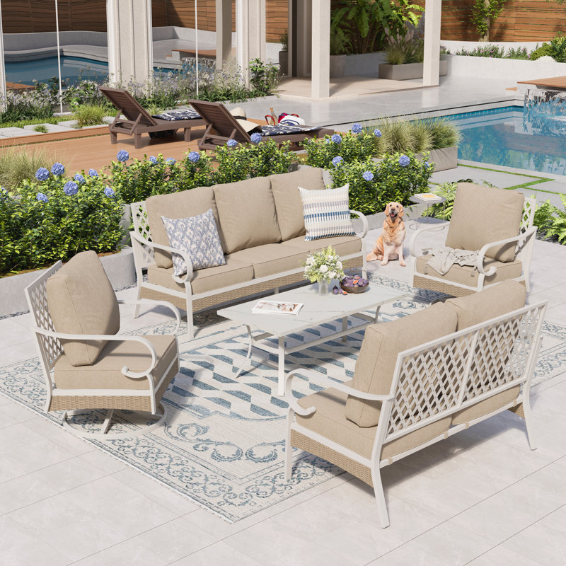 Ensemble de conversation pour patio 7 personnes avec causeuse et fauteuils pivotants, Beige