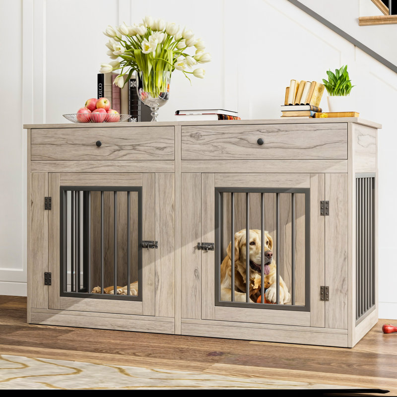 Caisse pour chien double en bois d'ingénierie avec cloison amovible Faaija, Gris