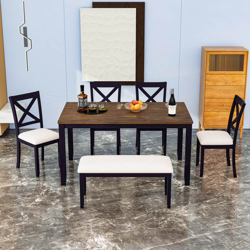 Ensemble de table de salle à manger 6 pièces avec banc et chaises rembourrées, Chêne, Noir / blanc, Noir