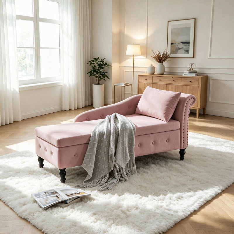 Chaise longue de rangement en velours Eastham, Orienté vers la gauche, Rose
