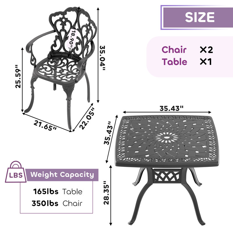 Ensemble repas extérieur carré en fonte d'aluminium avec trou pour parasol et coussin blanc cassé L 35,43 po Bootle, 2