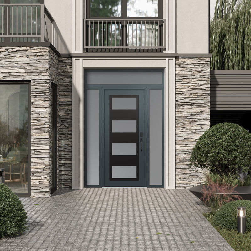 Panneau d'entrée en acier noir anthracite / anthracite avec 2 panneaux latéraux et porte d'entrée pré-montée traverse, Gelé