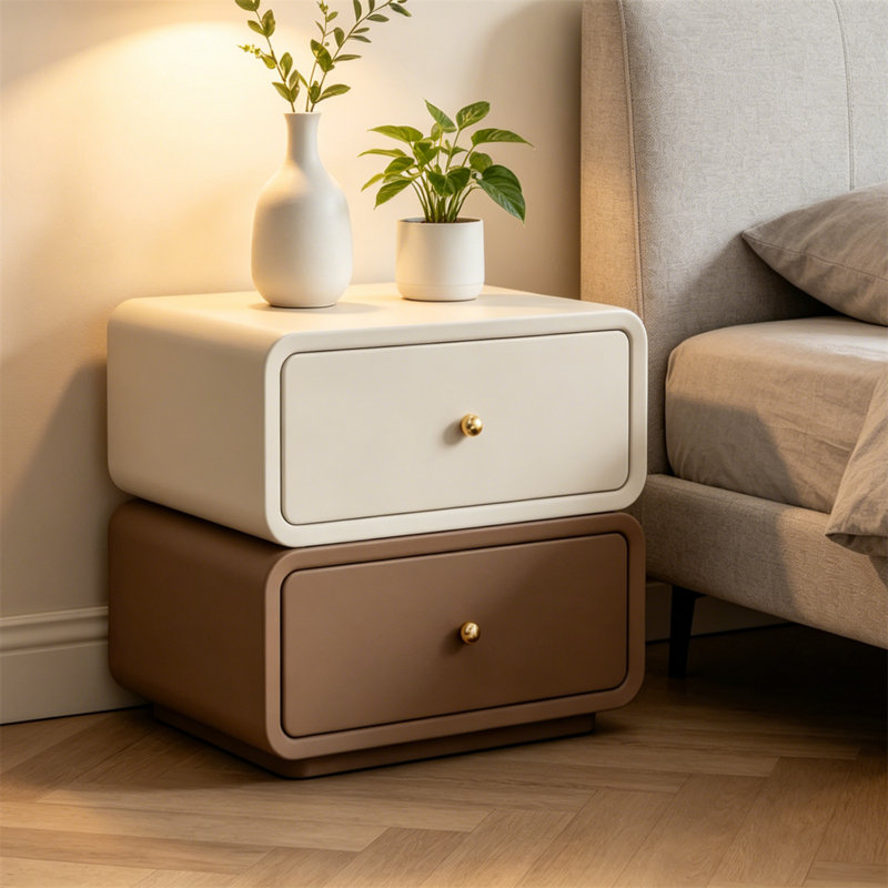 Modern Double Drawer Nightstand, Smooth Leather Surface Beside Table, Upper Layer can Rotate Freely, Three Colors are Optional.
