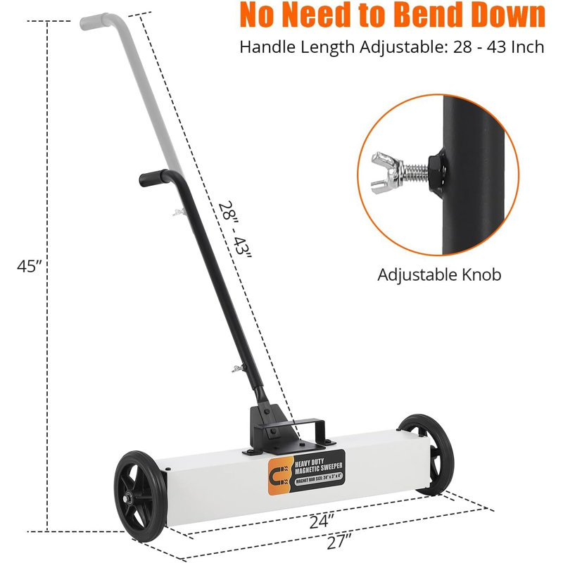 Grand balai magnétique roulant avec loquet à dégagement rapide, H 50,8 po x l 7 po x P 27 po
