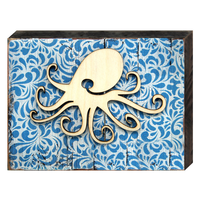 Décoration murale de la planche en bois octopus rétro, H 12 po x l 18 po x P 1,5 po