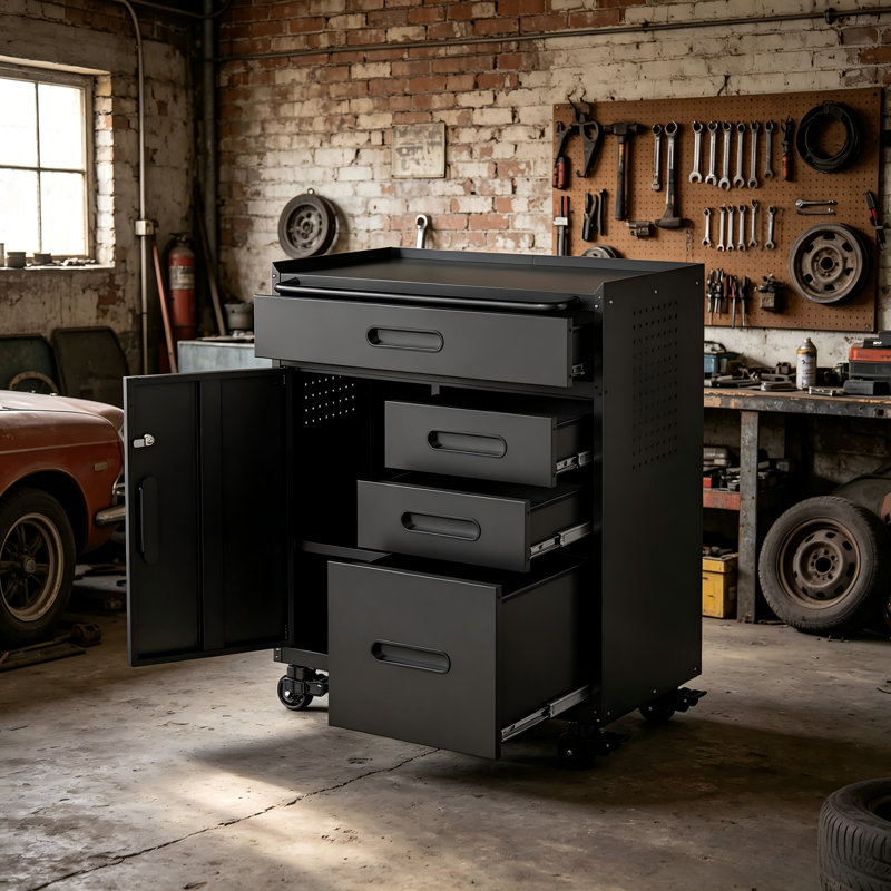 Steel Roller Mobile Tool Cabinet With Lockable Compartments And Four Drawers, Suitable For Both Workshops And Garages, Providing Stable And Secure Storage.