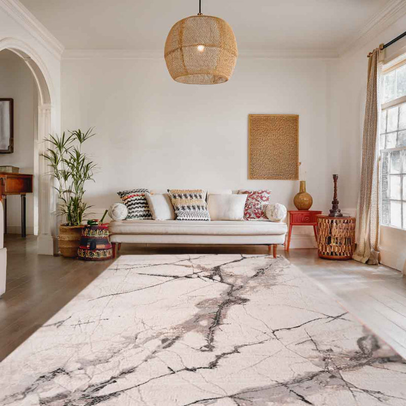 Lorenz Porcelain Marble Cream & Grey Modern Area Rug Soft Polyester Pile with Cotton Blend Backing Style Carpet