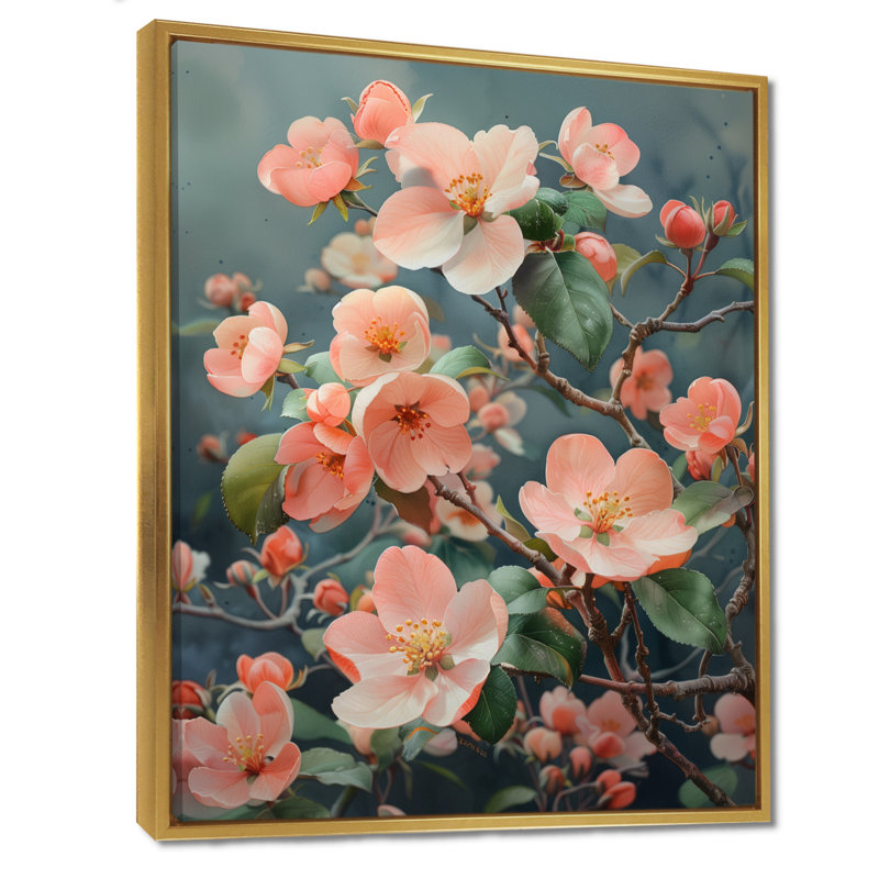  «Pink Grey Tender Bloom, Apple Blossom II», reproduction d'art murale, Cadre flottant doré, H 24 po x l 32 po