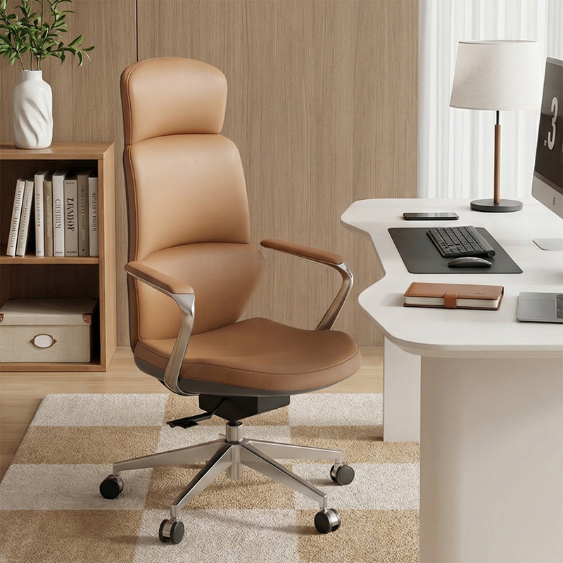 Genuine Leather Executive Chair, Swivel Ergonomic Office Chair, Home Desk Chair with Tilt Reclining, Alu, Brown