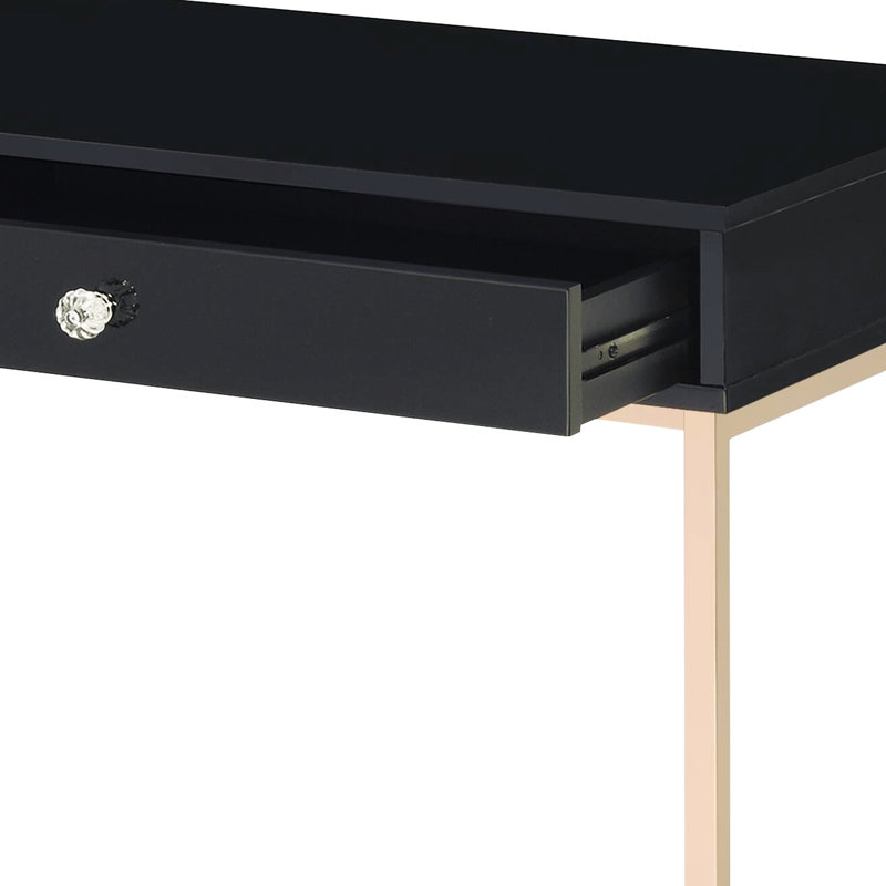 Élégant bureau rectangulaire noir avec finition ultrabrillante et 2 tiroirs, revêtement de sol en bois à la mode de 25 po plaqué or