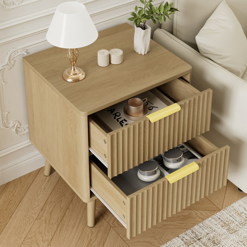 Fluted Nightstand With Curved Profile Design, 2-Drawer End Table, Bedside Table For Bedroom, Living Room, Oak