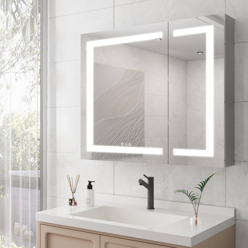 Armoire de rangement pour salle de bain 36 po x 30 po - Miroir à brouillard à DEL, portes doubles, contrôle de luminosité 3000k 6000k, 4 tiroirs et plus, miroir de coiffeuse American Design