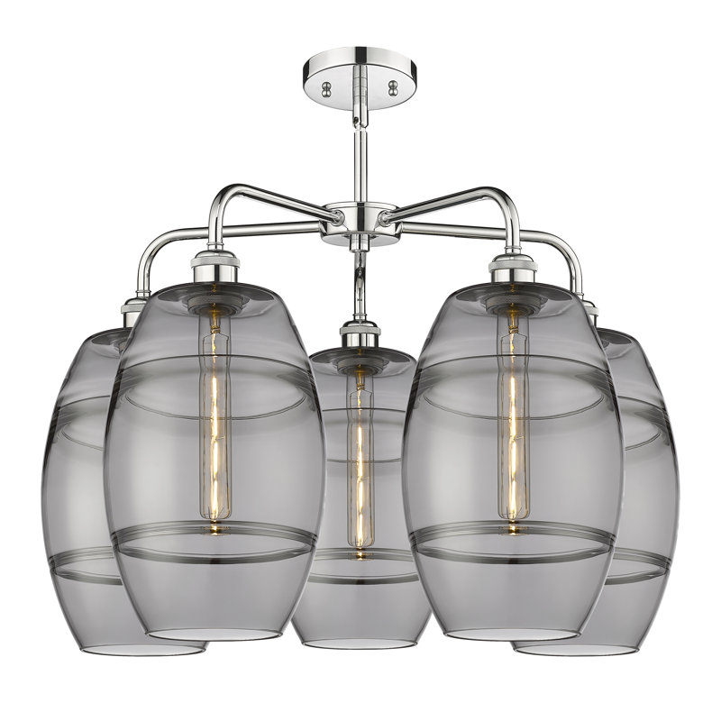 Lustre rond / ovale à abat-jour 5 lumières, Gris fumée clair, H 15,38 po x l 26 po x P 26 po, Chrome poli