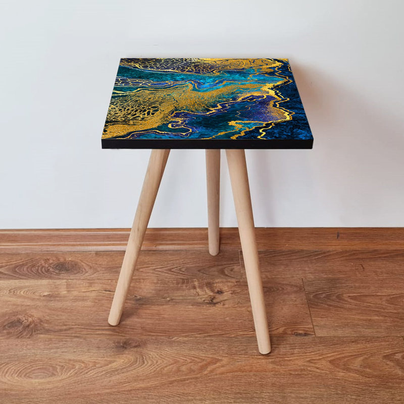 Élégante table d'appoint, design abstrait bleu marine et doré, 13,8 po x 16,5 po x 13,8 po | Fabrication 100% bois aggloméré, pieds en bois de hêtre | Parfait pour le salon ou la chambre à coucher, meubles décoratifs durables et chics